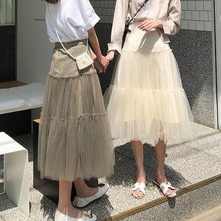 Mesh Paneled A-line Midi Skirt