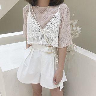 Set: Elbow-sleeve Polka Dot Chiffon Top + Spaghetti Strap Perforated Cropped Top