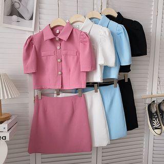 Set: Short-sleeve Plain Top + High-waist A-line Skirt