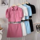 Set: Short-sleeve Plain Top + High-waist A-line Skirt