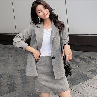 Set: Houndstooth Single-button Blazer + High Waist A-line Skirt