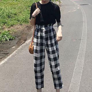 Set: Short-sleeve Top + Plaid Cropped Pants