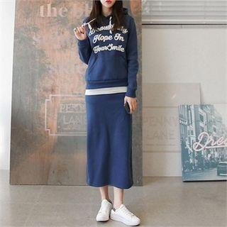 Set: Hooded Lettering Sweatshirt + Brushed Fleece Lined Skirt