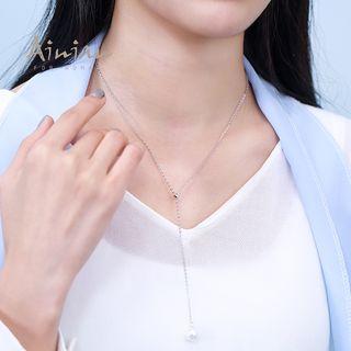 925 Sterling Silver Faux Pearl Lariat Necklace