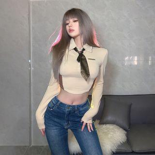 Set: Long-sleeve Polo Crop Top + Neck Tie