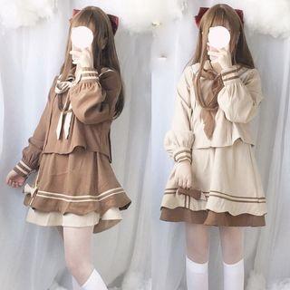 Set: Contrast Trim Tie-neck Blouse + Mini A-line Skirt