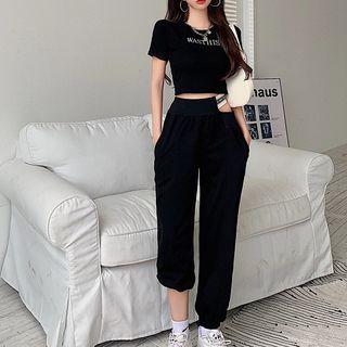 Short-sleeve Lettering T-shirt / Harem Pants / Set