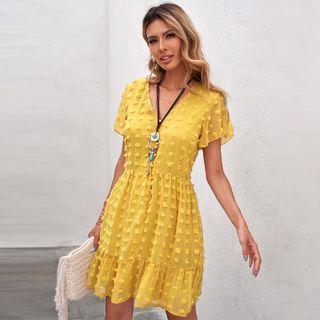 Short-sleeve V-neck Dotted Smock Dress