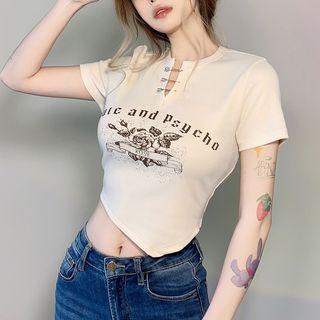 Lettering Rose Print Cropped Vintage T-shirt