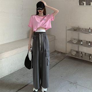 Lettering Short-sleeve T-shirt / Drawstring Wide-leg Pants