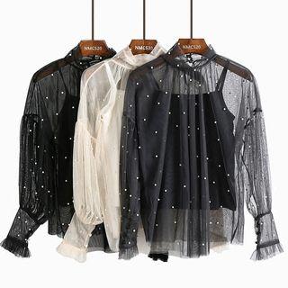 Faux-pearl Sheer Mesh Top + Camisole