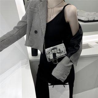 Plaid Blazer / Side Slit Spaghetti Strap Dress