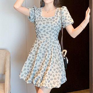 Puff Sleeve Square Neck Floral Mini Bubble Dress