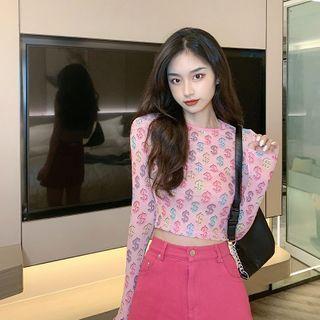 Long-sleeve Printed Mesh Crop Top Pink - One Size