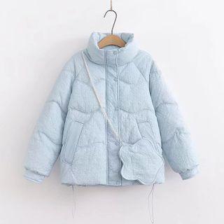 Set: Stand Collar Padded Zip-up Jacket + Crossbody Bag