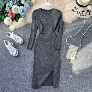 V-neck Long-sleeve Glitter Knit Dress