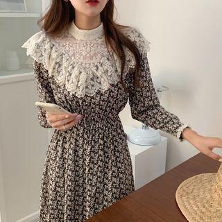 Mock-neck Lace Panel Floral Midi A-line Dress