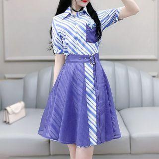 Set: Striped Short-sleeve Mini Shirtdress + Mesh Midi A-line Skirt