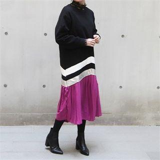Color-block Pleated-hem Dress One Size