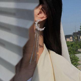 Rhinestone Faux Pearl Moon Fringed Earring