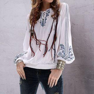 Embroidered V-neck Linen Cotton Blouse