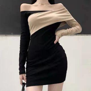 Long-sleeve Two Tone Off Shoulder Dress