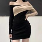 Long-sleeve Two Tone Off Shoulder Dress