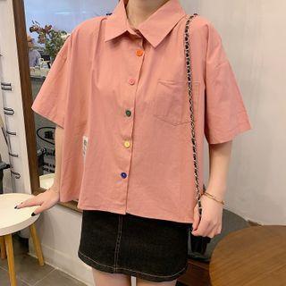 Elbow-sleeve Rainbow Button Shirt