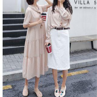 Star Print Chiffon Long-sleeve Top / Short-sleeve Midi Dress