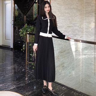 Collared Cardigan / Midi Pleated Skirt