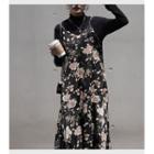 Floral Print Maxi A-line Pinafore Dress Black - One Size