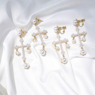 Faux Pearl Cross Dangle Earring