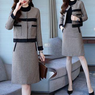 Set: Herringbone Snap Button Jacket + A-line Skirt