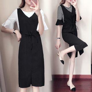Set: Short-sleeve Top + Drawstring Waist Pinafore Dress