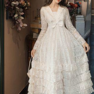 Long-sleeve Sailor Collar Bow Tiered Midi A-line Lace Dress