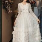 Long-sleeve Sailor Collar Bow Tiered Midi A-line Lace Dress