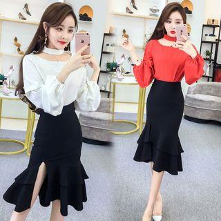 Set: Cutout Lantern-sleeve Top + Ruffle Hem Pencil Skirt