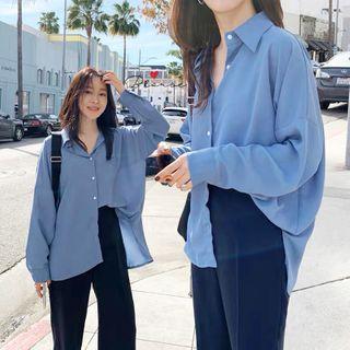 Long-sleeve Plain Blouse Blue - One Size