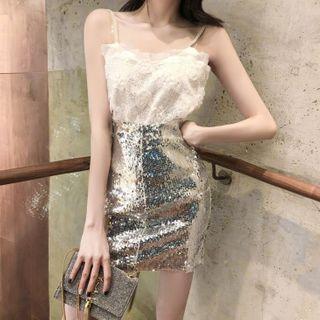 Set: Sleeveless Flower-accent Top + Sequined Skirt