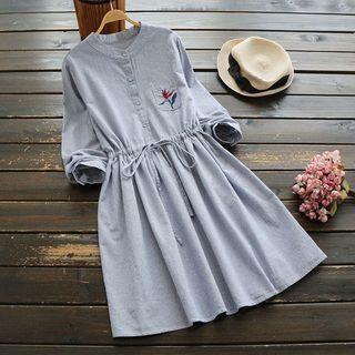 Floral Embroidered Striped Long-sleeve A-line Dress