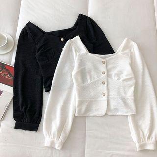 Long-sleeve Square-neck Single-breasted Blouse