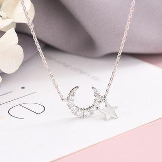 925 Sterling Silver Rhinestone Moon & Star Pendant Necklace Ns307 - One Size