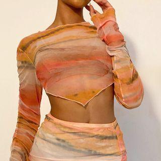 Long Sleeve Tie-dyed Mesh Crop Top