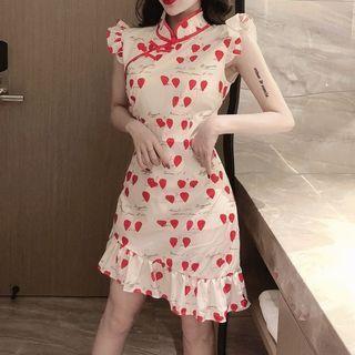 Sleeveless Mandarin Collar Print Sheath Dress