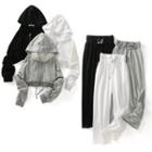 Set: Plain Zip-up Cropped Hoodie + High-waist Drawstring Sweatpants