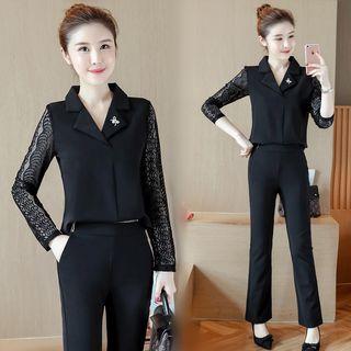 Set: Lace-panel Blouse + Pants