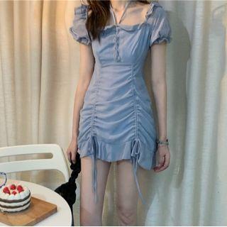 Ruffle Trim Drawstring Mini Bodycon Dress