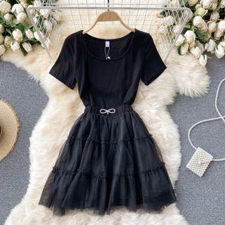 Set Of 2 : Round-neck Short-sleeve Plain Dress + Mesh Skirt
