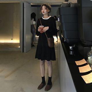 Long-sleeve Tie-back A-line Dress Black - One Size
