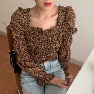 Long-sleeve Leopard Top Khaki - One Size